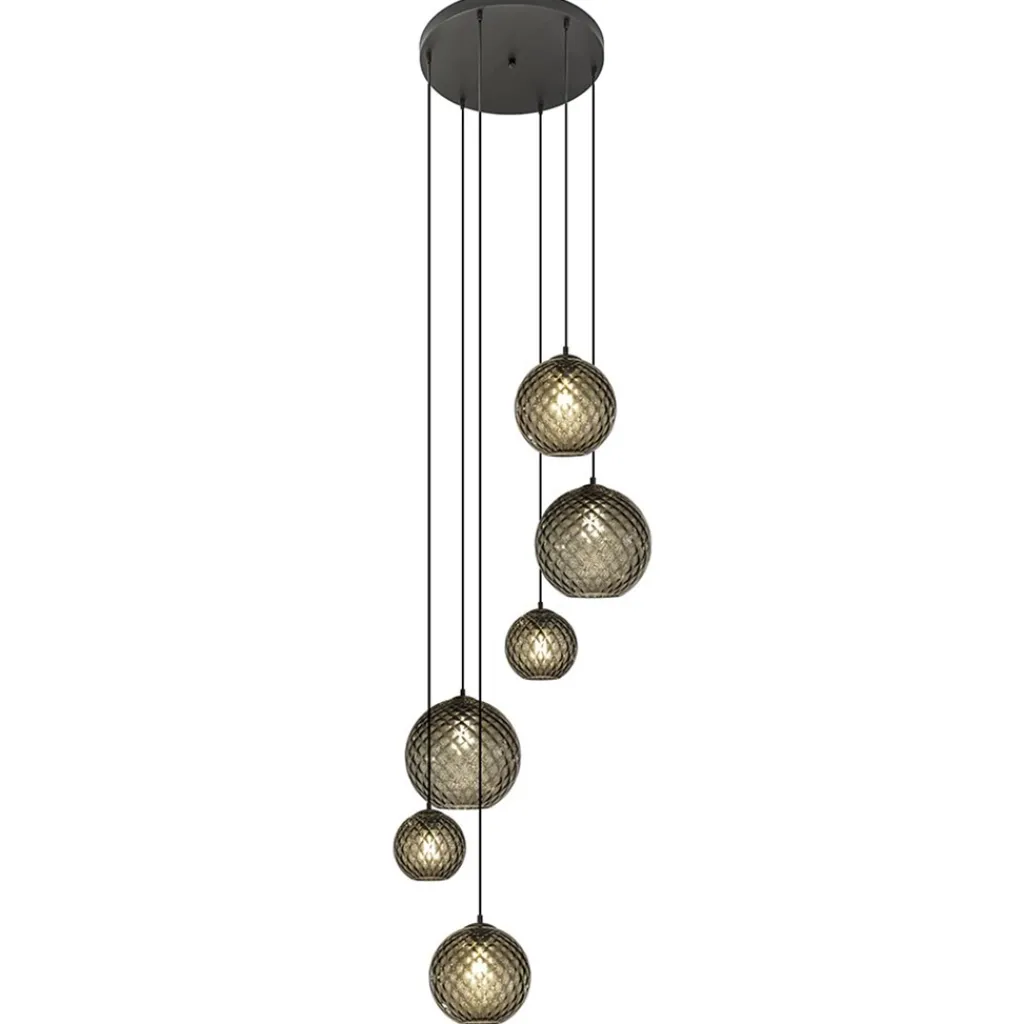 Straluma 6-Lichts vide hanglamp smoke glas met reliëf> Videverlichting|Pendel Lampen