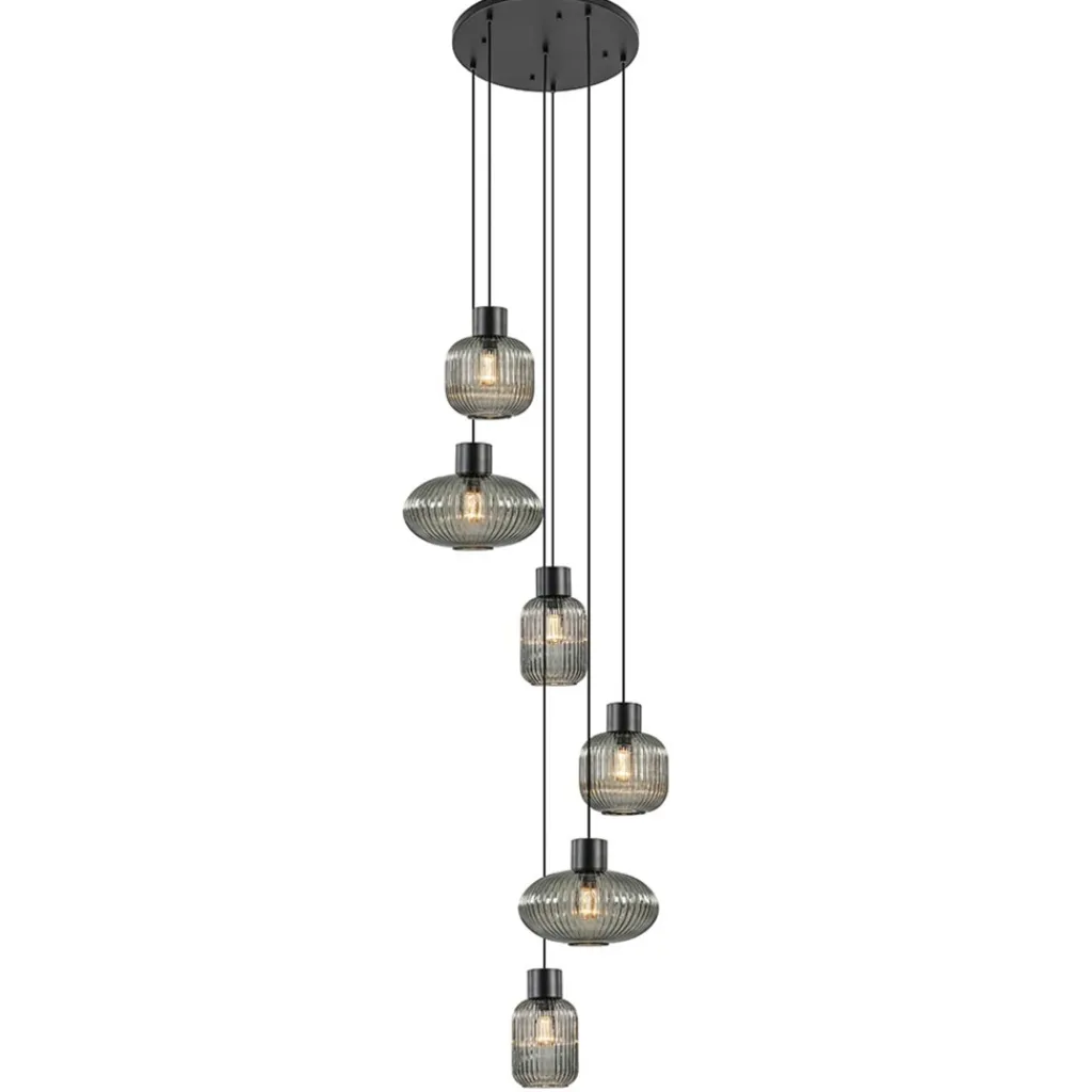 Straluma 6-Lichts vide hanglamp smoke glas met zwarte details> Eettafellampen|Videverlichting