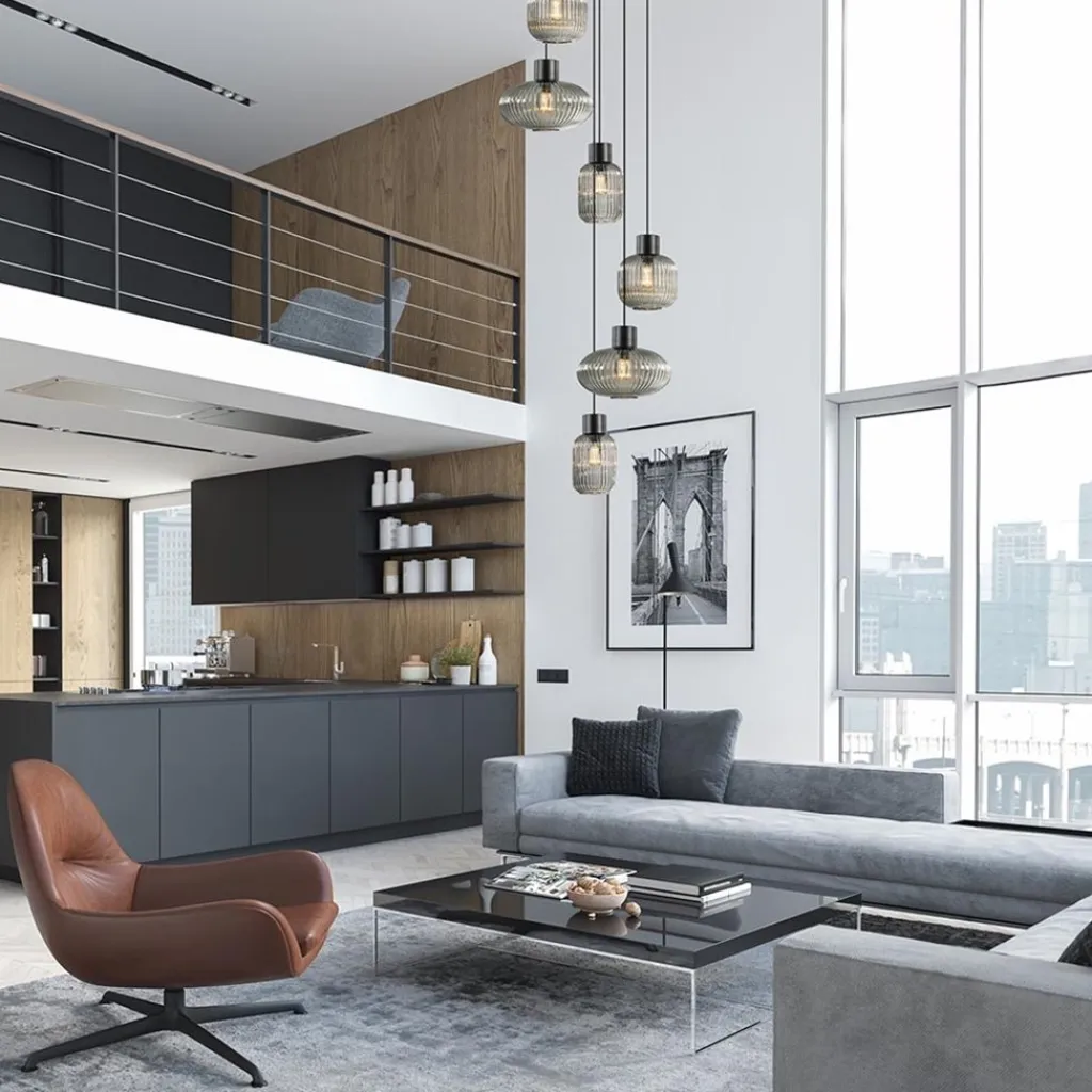 Straluma 6-Lichts vide hanglamp smoke glas met zwarte details> Eettafellampen|Videverlichting