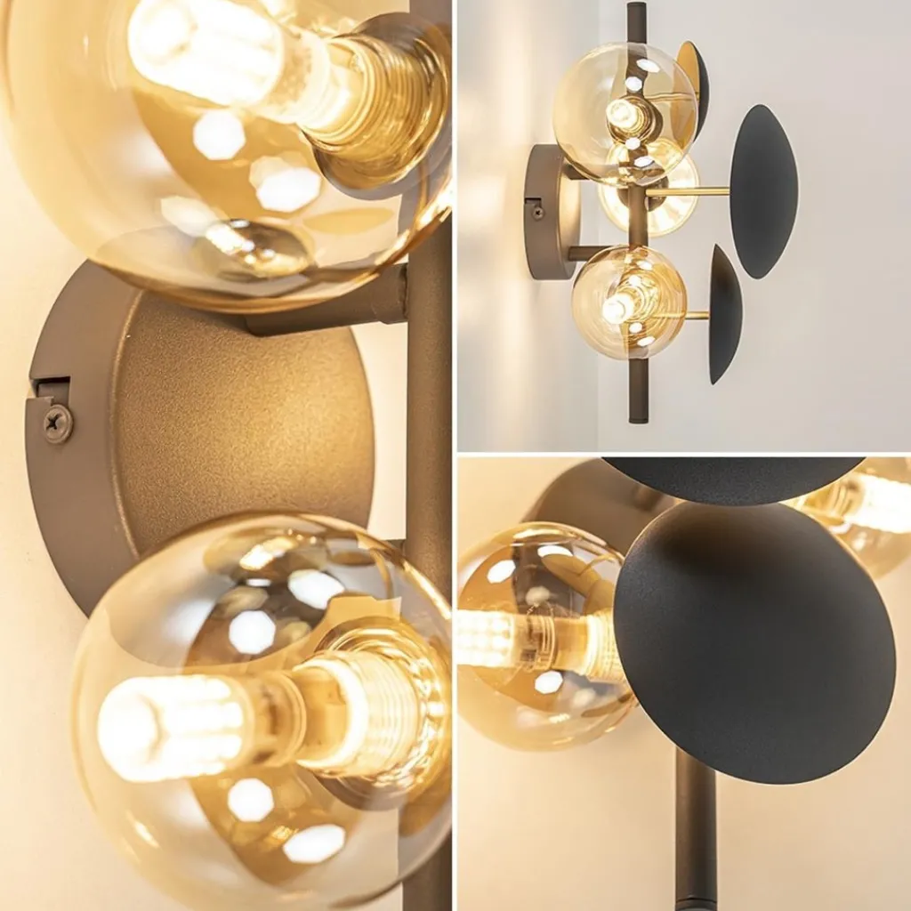 Straluma 3-Lichts wandlamp grijs/goud met amber glas> Wandlampen|Woonkamerlampen
