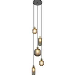 Straluma Luxe 5-lichts videlamp zwart/brass met mat zwart glas> Hanglampen|Videverlichting