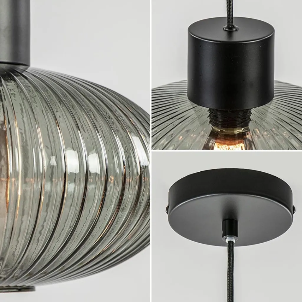 Straluma Mat zwarte hanglamp met geribbeld smoke glas ovaal> Woonkamerlampen|Slaapkamerlampen