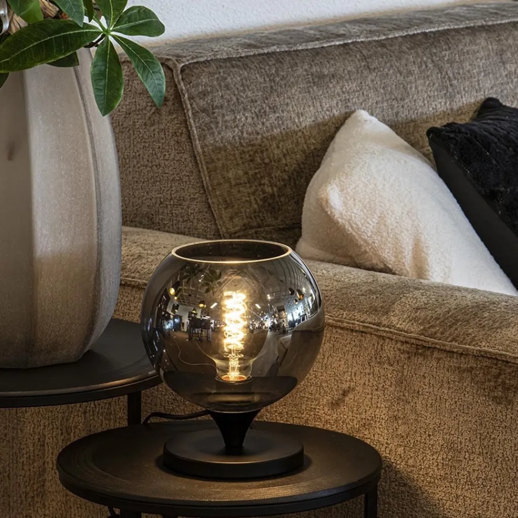 Straluma Mat zwarte tafellamp met smoke/titanium bol klein> Tafellampen|Luxe Verlichting