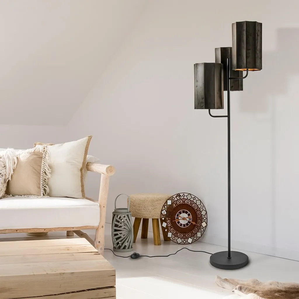 Straluma Mat zwarte vloerlamp Edisa met velvet bruine kappen> Vloerlampen|Light and Living