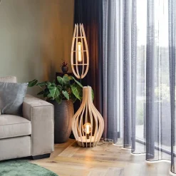 Straluma Mat zwarte vloerlamp met houten kap naturel><noscript><img width=