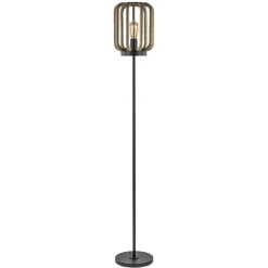 Straluma Mat zwarte vloerlamp met ruwe houten kap> Kooilampen|Woonkamerlampen