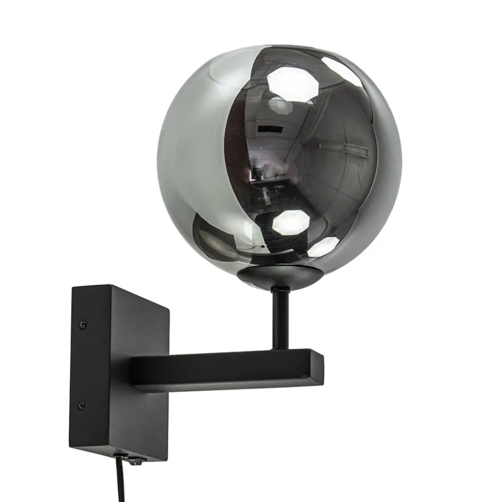 Straluma Mat zwarte wandlamp met smoke glazen bol 20 cm> Wandlampen