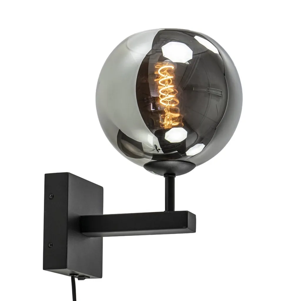 Straluma Mat zwarte wandlamp met smoke glazen bol 20 cm> Wandlampen
