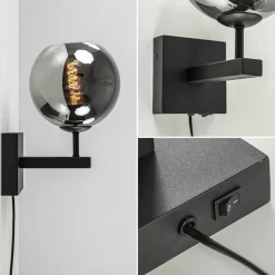 Straluma Mat zwarte wandlamp met smoke glazen bol 20 cm><noscript><img width=