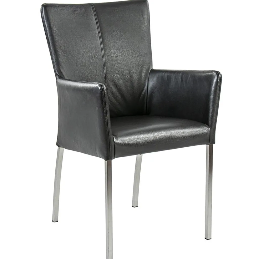 Straluma Moderne armstoel zwart leder met RVS poten> Eetkamerstoelen