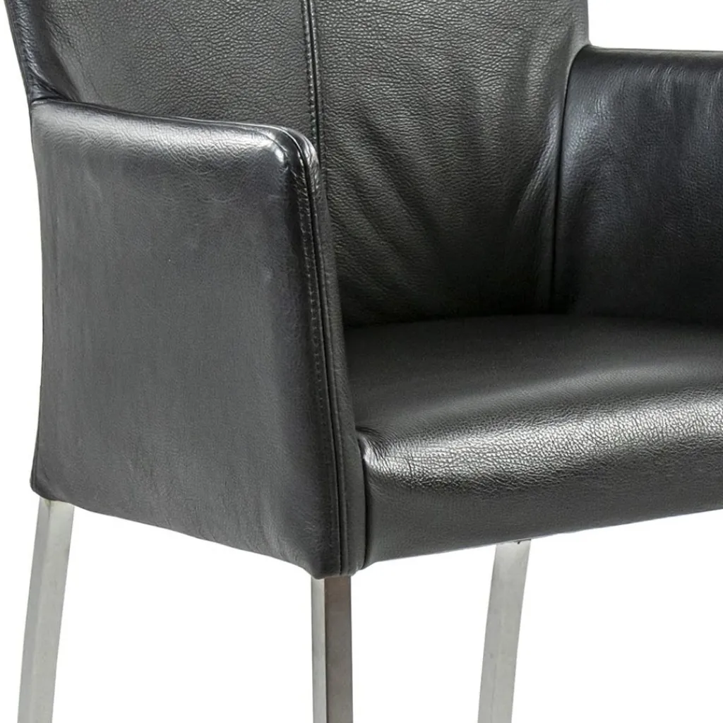 Straluma Moderne armstoel zwart leder met RVS poten> Eetkamerstoelen