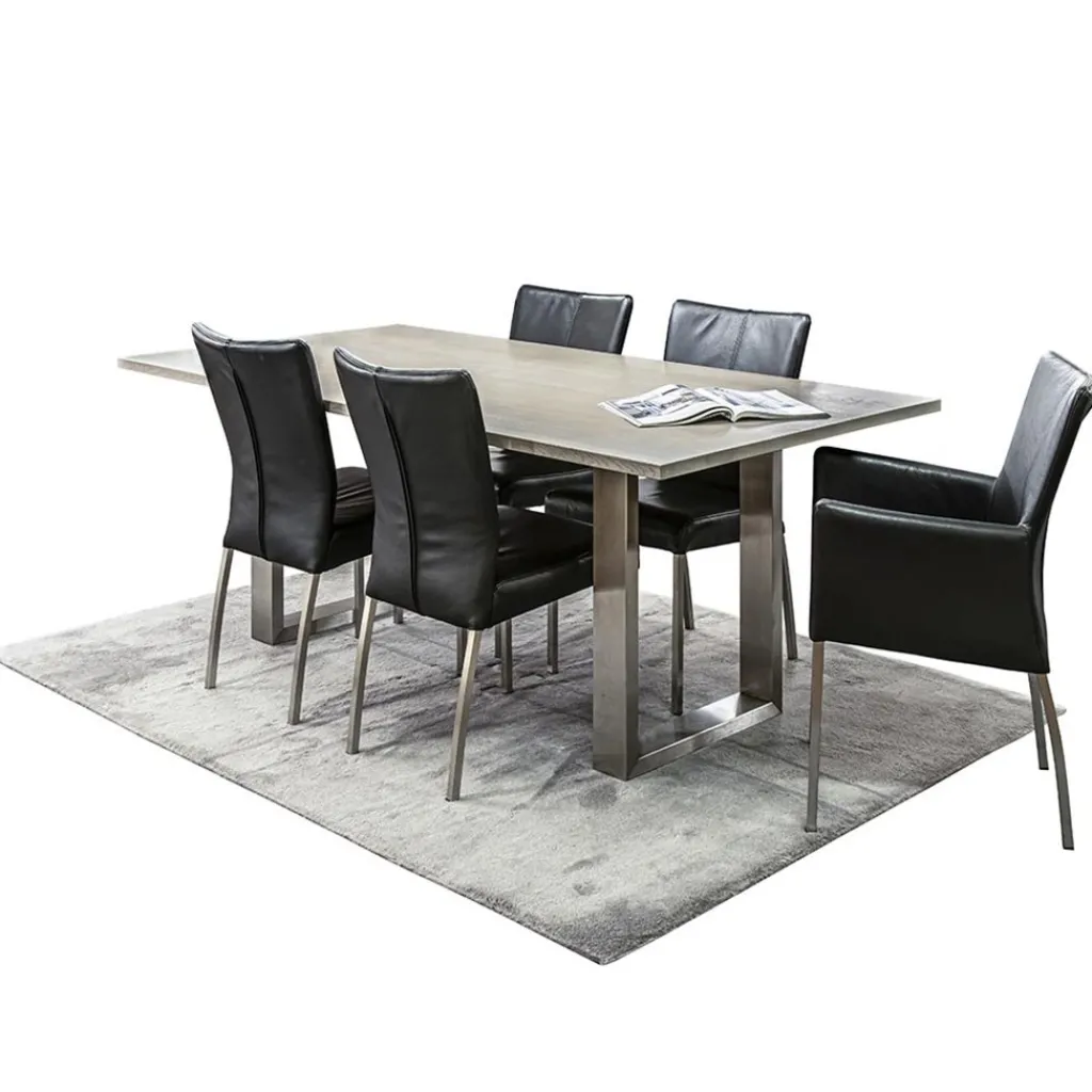 Straluma Moderne armstoel zwart leder met RVS poten> Eetkamerstoelen