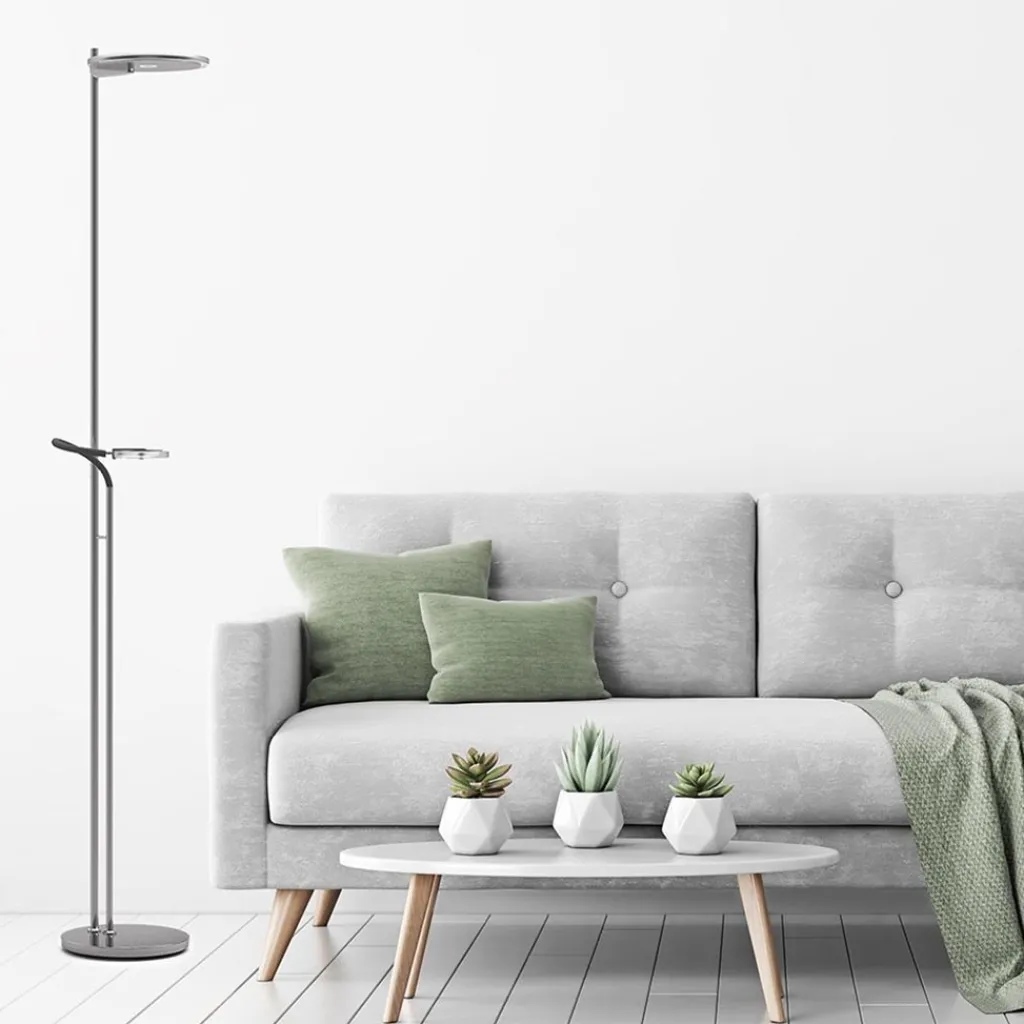 Straluma Moderne LED uplighter staal met helder glas en leesarm> Vloerlampen|Leeslampen