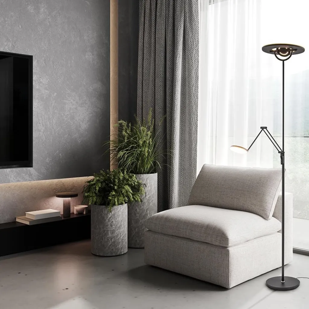 Straluma Moderne uplighter mat zwart met verstelbare leesarm> Vloerlampen|Leeslampen