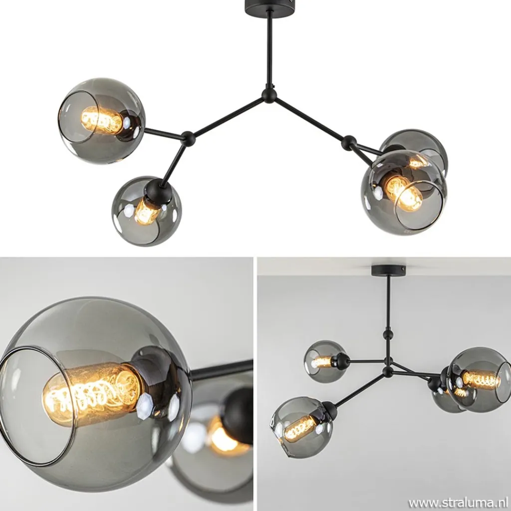 Straluma Plafondlamp 4-armen zwart+smoke bolglas> Keukenverlichting|Eetkamerverlichting
