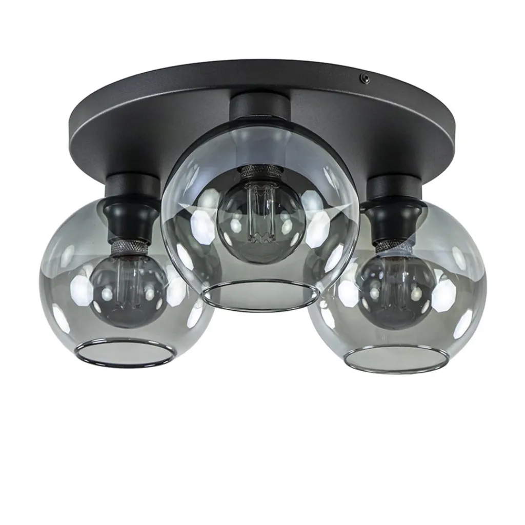 Straluma Plafondlamp 3L zwart bolglas smoke> Halverlichting|Plafondlampen