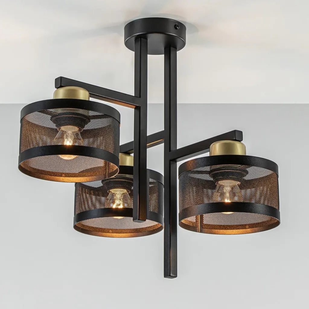 Straluma Plafondlamp 3L zwart/goud cilinder geperforeerd> Halverlichting|Plafondlampen