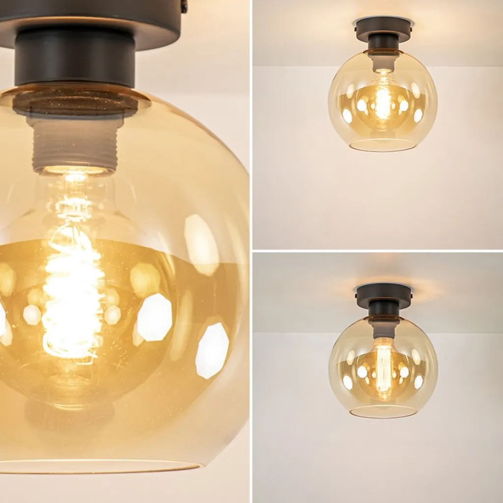 Straluma Plafondlamp zwart met amber glas 20 cm> Plafondlampen|Klassieke Verlichting