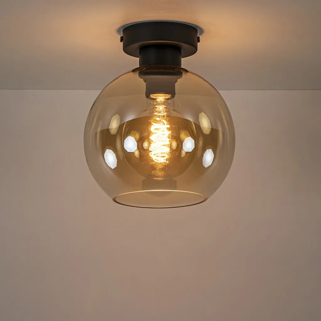 Straluma Plafondlamp zwart met amber glas 20 cm> Plafondlampen|Klassieke Verlichting