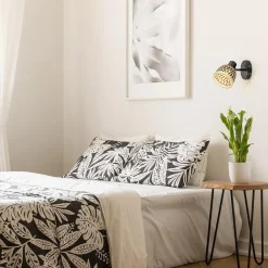 Straluma Plafondlamp/wandlamp zwart met bamboe kap verstelbaar><noscript><img width=