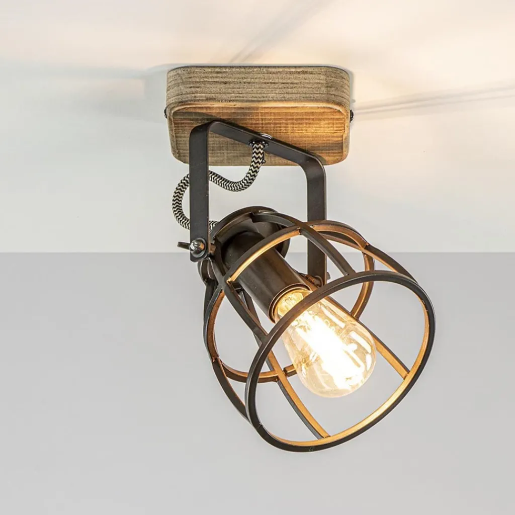 Straluma Plafond/wandlamp Matrix zwarte korf met hout> Wandlampen|Kooilampen