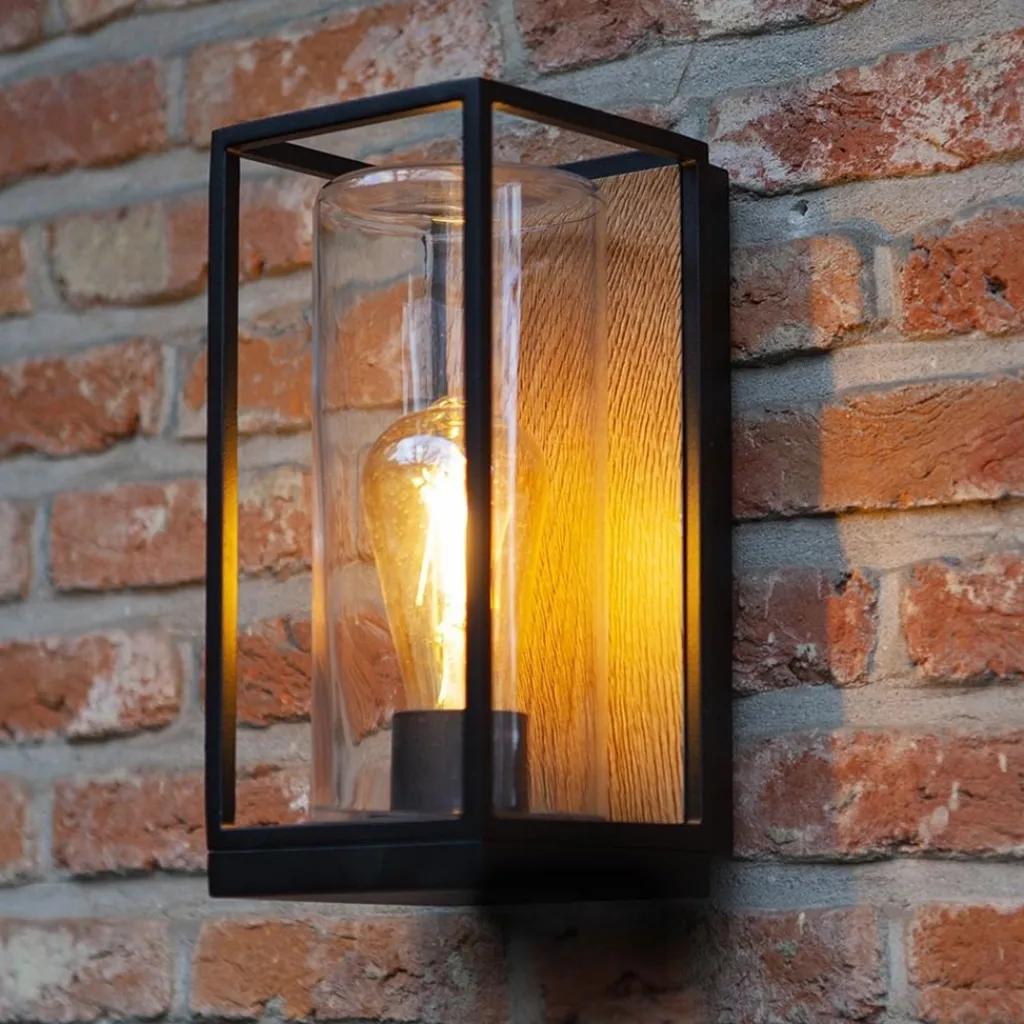 Straluma Rechthoekige buitenlamp zwart met houtlook en glas> Wandlampen|Buitenlampen