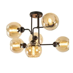 Straluma Retro plafondlamp zwart met amber glas 6-lichts> Plafondlampen|Klassieke Verlichting