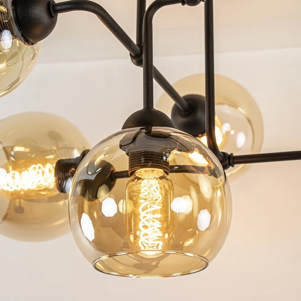 Straluma Retro plafondlamp zwart met amber glas 6-lichts> Plafondlampen|Klassieke Verlichting