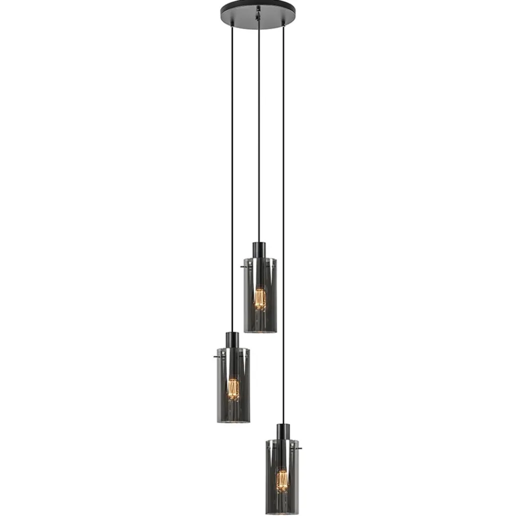 Straluma Ronde 3-lichts hanglamp met cilinder smoke glas> Eettafellampen|Pendel Lampen