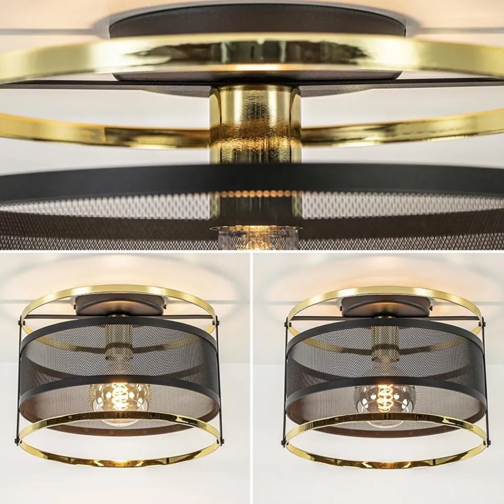 Straluma Ronde plafondlamp gaas mat zwart met hoogglans goud> Woonkamerlampen|Slaapkamerlampen