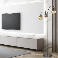 Straluma Sierlijke vloerlamp mat zwart met smoke glazen kappen><noscript><img width=