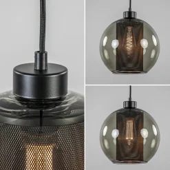 Straluma Smoke glazen hanglamp bol met zwarte gaas cilinder></noscript> Nachtkastlampen|Pendel Lampen