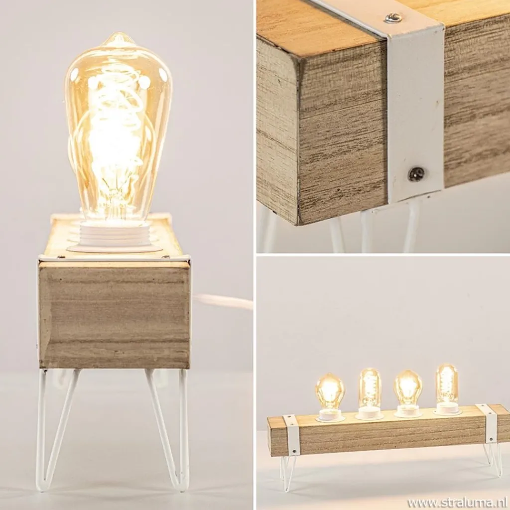 Straluma Tafellamp houten balk met witte pootjes 4-lichts exclusief lichtbron> Slaapkamerlampen|Halverlichting