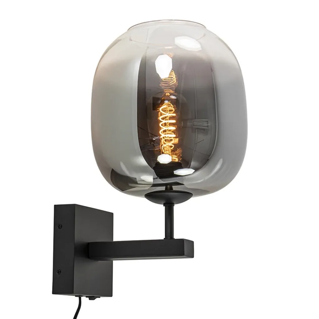 Straluma Trendy wandlamp zwart met smoke glazen kap en snoer> Wandlampen|Luxe Verlichting