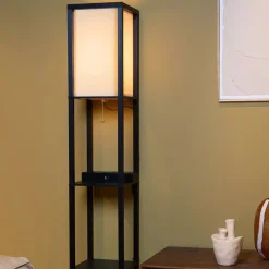 Straluma Vierkante vloerlamp zwart met beige kap en oplaadplatform><noscript><img width=