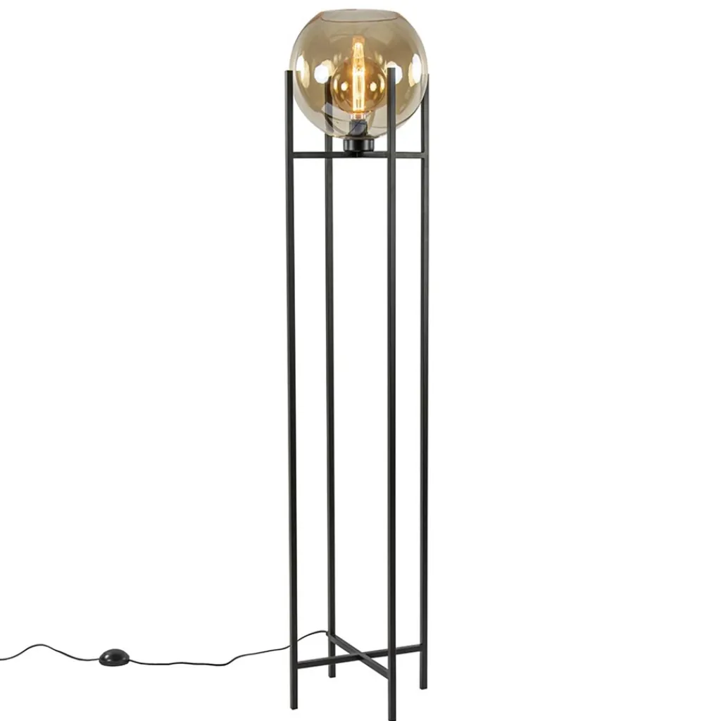Straluma Vloerlamp zwart + amber glazen bol> Vloerlampen|Industriële Verlichting