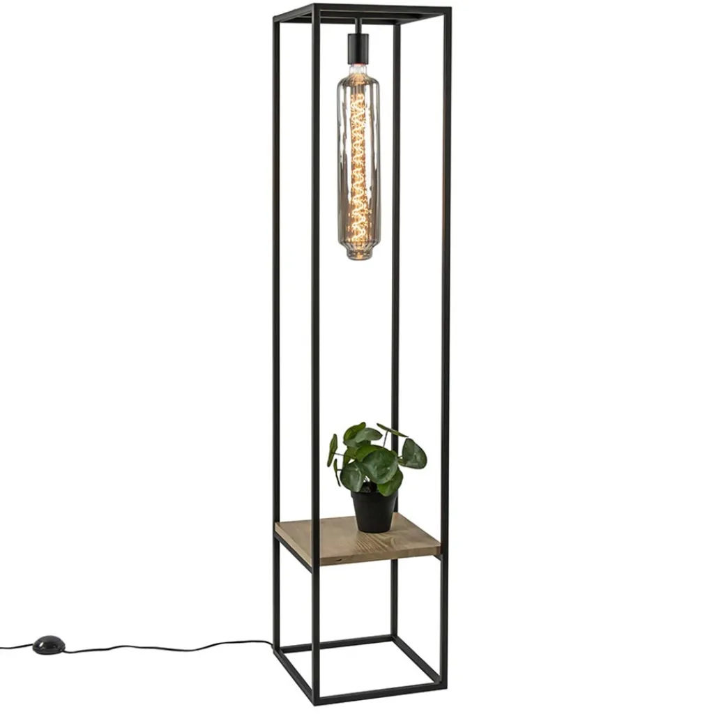 Straluma Vloerlamp zwart frame met houten plank> Vloerlampen|Industriële Verlichting