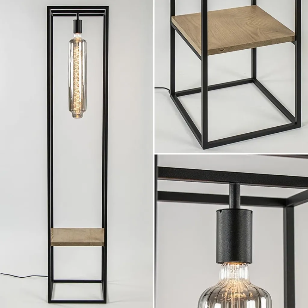 Straluma Vloerlamp zwart frame met houten plank> Vloerlampen|Industriële Verlichting