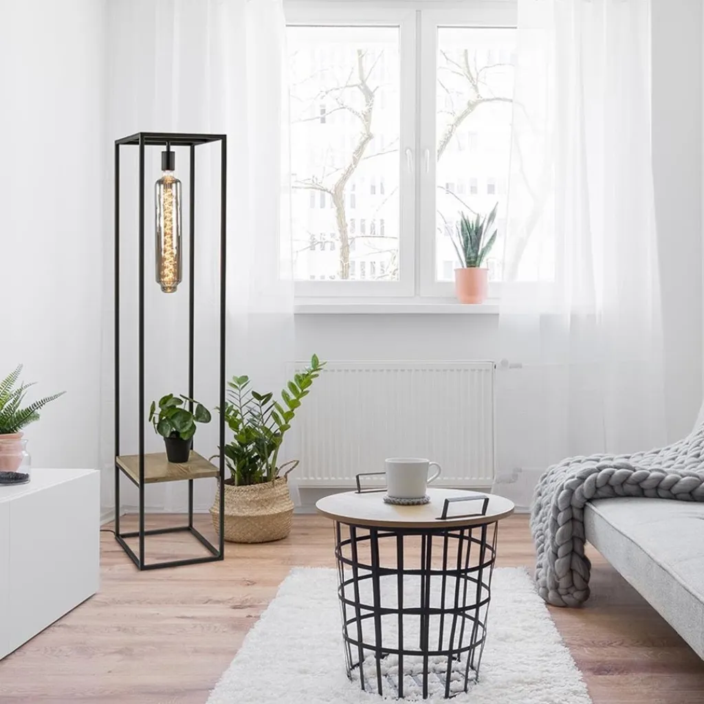 Straluma Vloerlamp zwart frame met houten plank> Vloerlampen|Industriële Verlichting