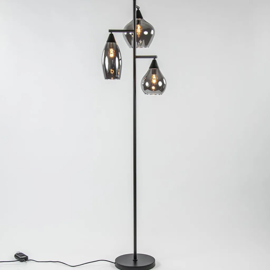 Straluma Zwart metalen vloerlamp met titanium glazen kappen> Woonkamerlampen|Vloerlampen