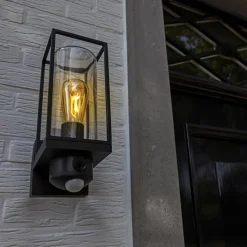 Straluma Zwarte buitenlamp rechthoek met glas en camera></noscript> Buitenlampen