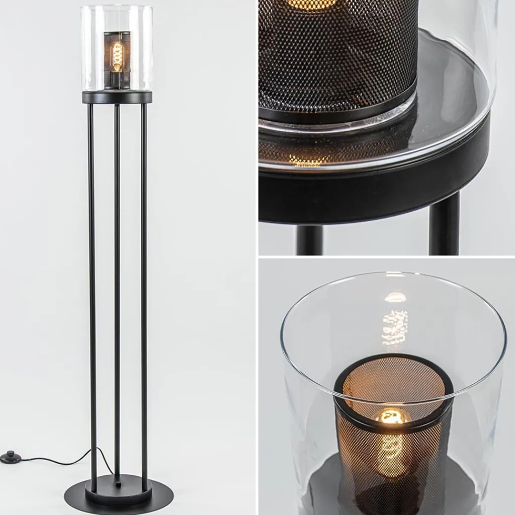 Straluma Zwarte vloerlamp met cilinder kap helder glas> Vloerlampen|Industriële Verlichting