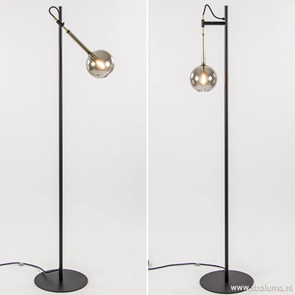 Straluma Zwart/messing vloerlamp met smoke glas> Slaapkamerlampen|Halverlichting